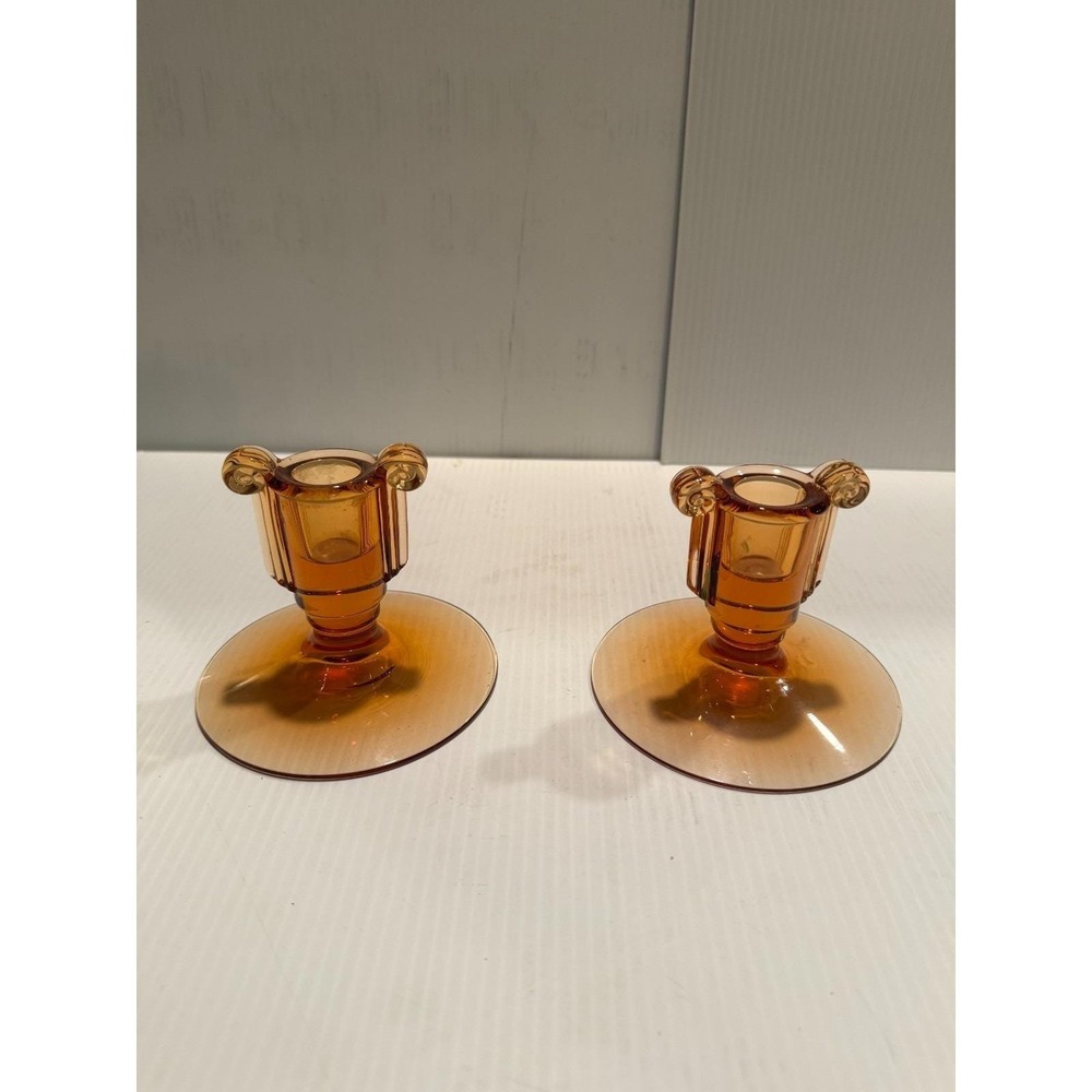 Vtg Fostoria Amber Glass Scroll Candle Holder Pair 1930s Art Deco Elegant MCM